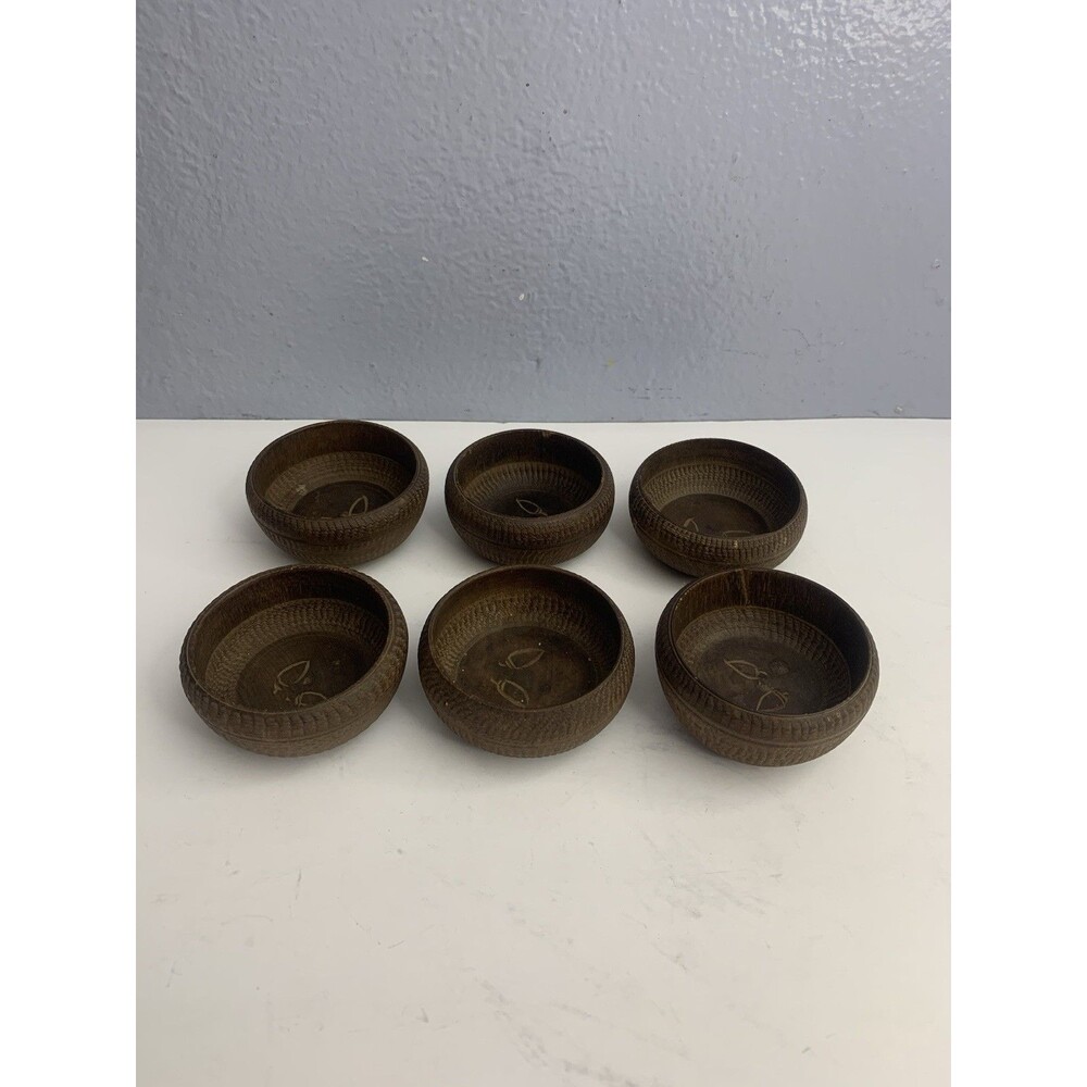 Japanese Hand Carved Wooden Bowl Set of 6 Rustic Folk Art Snacks Condiments VTG